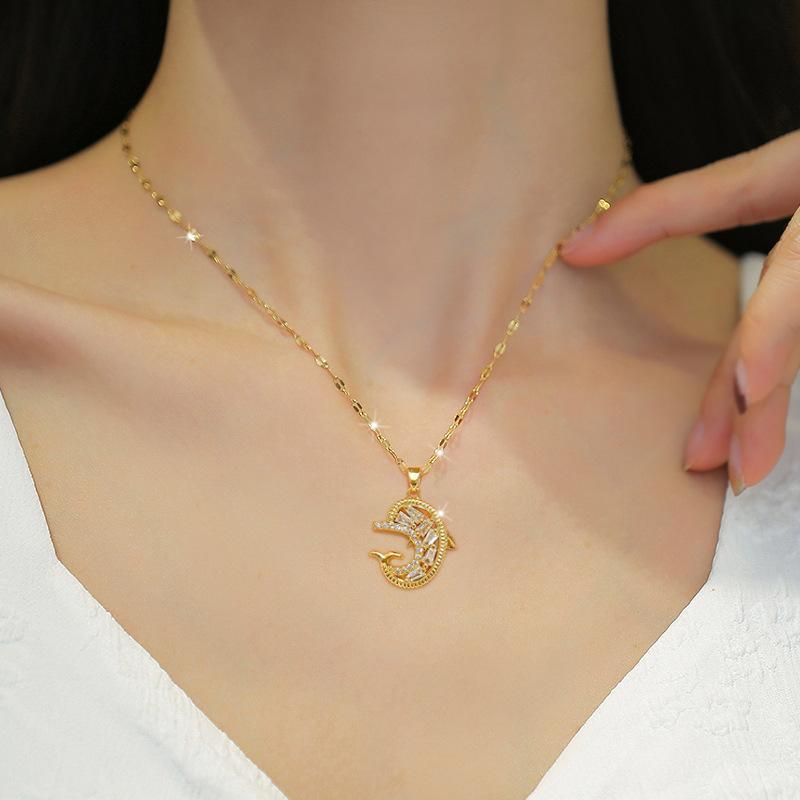 Titanium Steel Zircon Dolphin Light Luxury Banquet Wedding Necklace Female Versatile Clavicle Chain Titanium Steel Chain