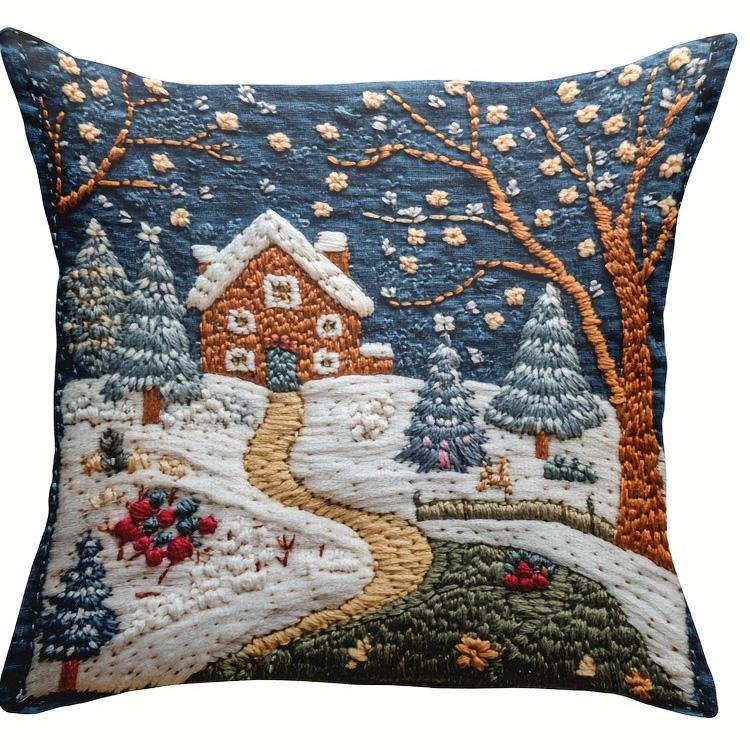 Christmas Snow Pillowcase: Embroidered Dream Cabin and Bright Starry Sky New Year Home Decoration 2d Flat Printing