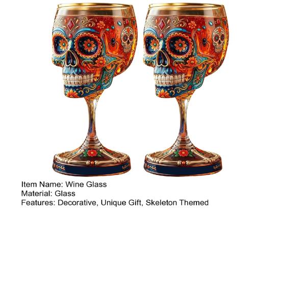 Gothic Skull Wine Glass, Hand Painted Skeleton Goblet, Day of The Dead Decor, Unique Bar Gift for Halloween