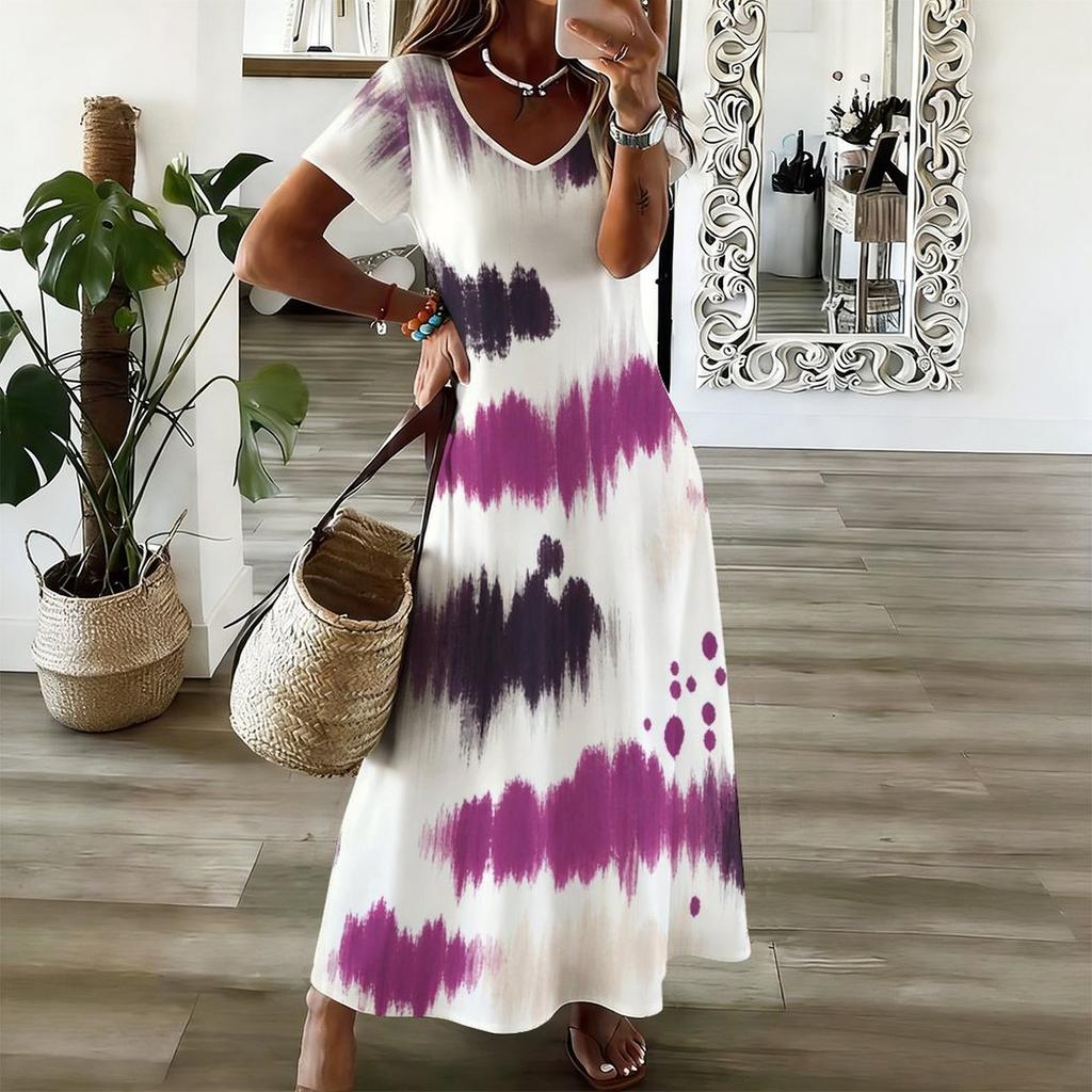 Women Plus Size V Neck Short Sleeve Printed Long Straight Dress White Purple