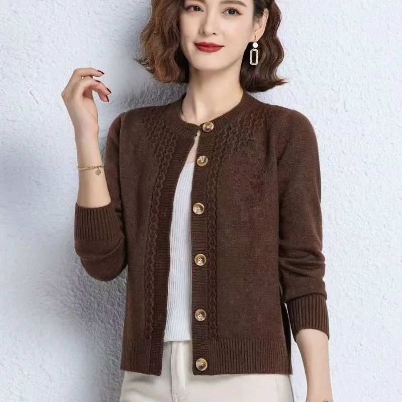Stilig cardigan for kvinner høstklær elegant genserjakke løs rund hals strikket cardigan