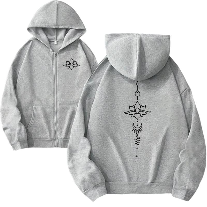 Lotus Symbol Prin Hoodie für Damen Hochwertiger Kapuzenpullover mit langen Ärmeln und Reißverschluss Damen Urbaner Lässiger Mode-Mantel