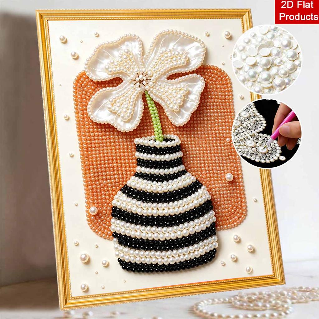 Easy DIY Framed Pearl Bead Painting Kit with Flower in Striped Vase 3D Sparkling Canvas Art for Home Decoration Gift Idea for Adults