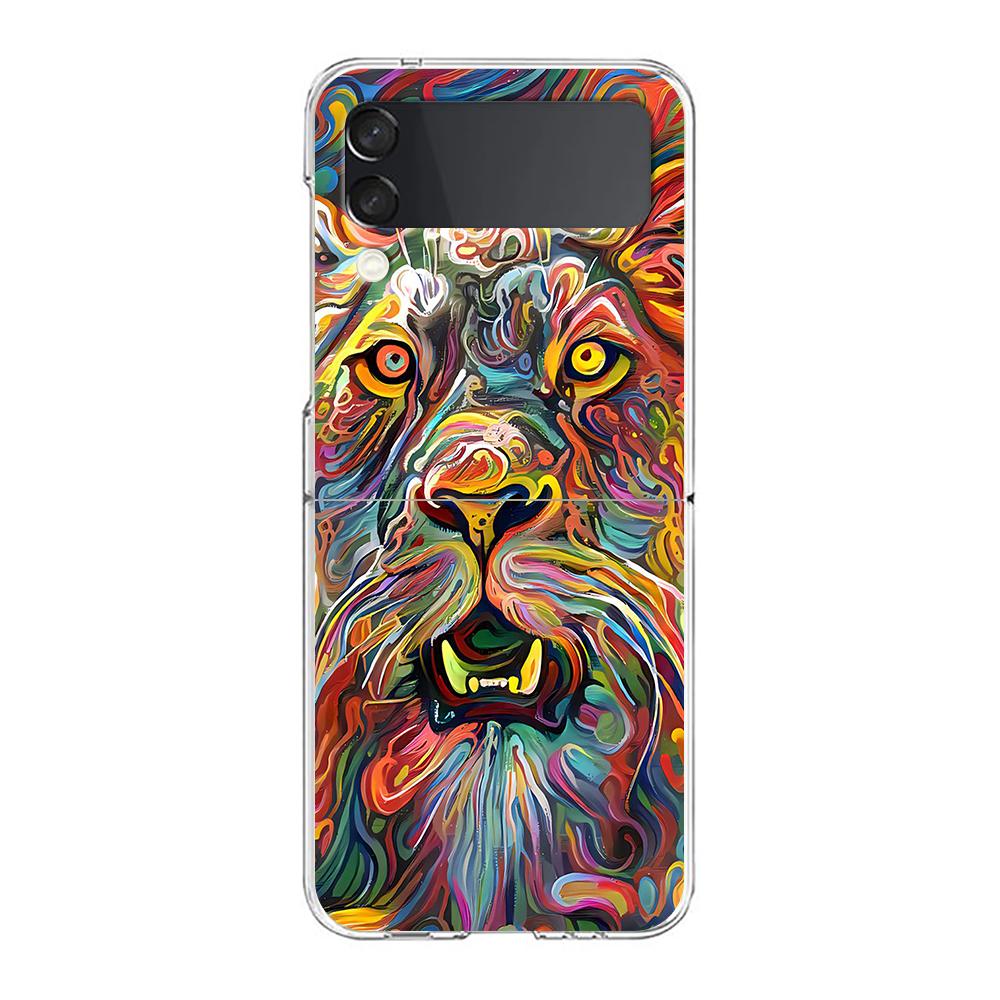 Abstract Surreal Animal Lion Clear Phone Case For Samsung Galaxy Z Flip 3 4 5 Hard Folding PC Shell For Samsung Z Flip3 Cover