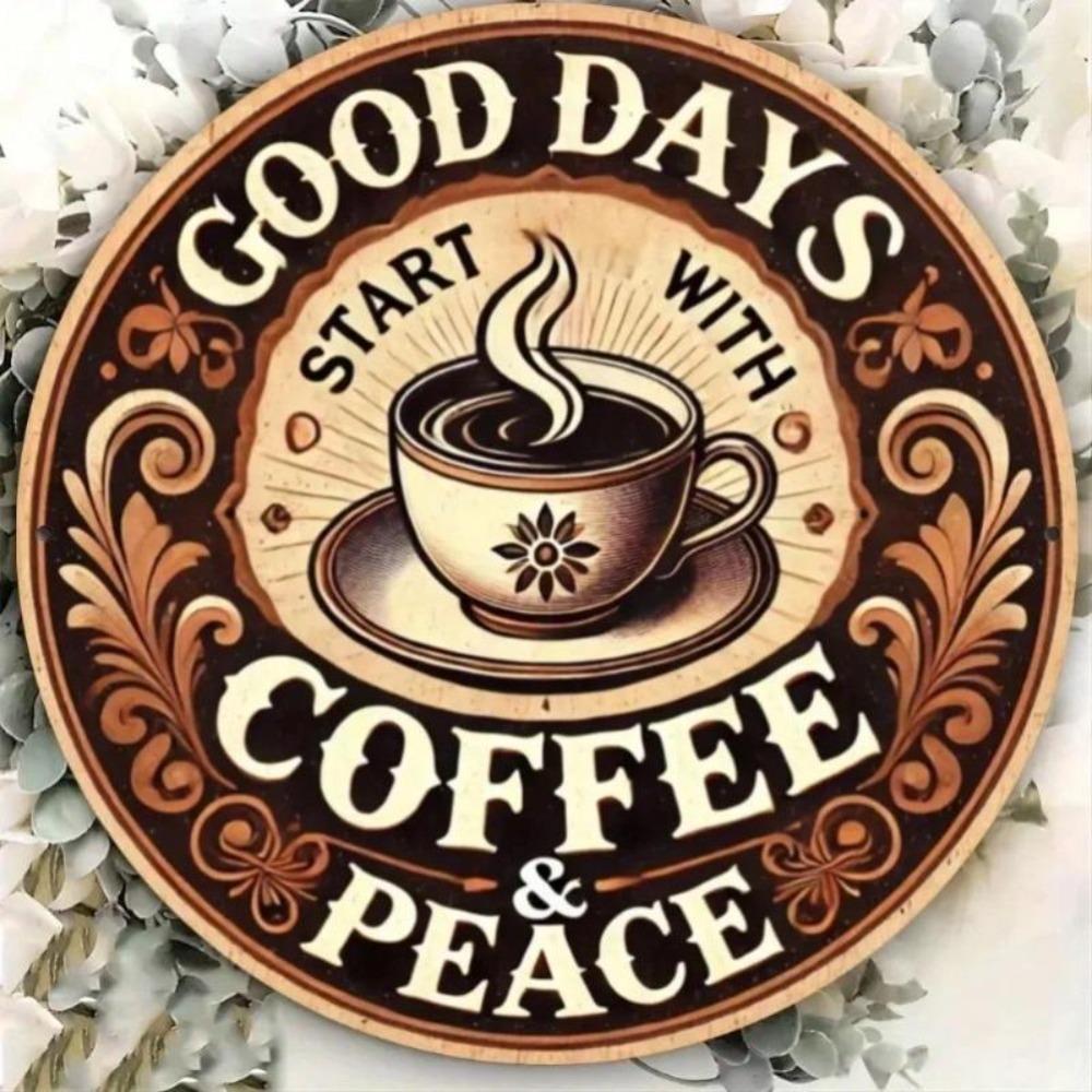 Good Days Start with Coffee Peace Round Metal Sign Waterproof Rustproof Decor for Bar Cafe Kitchen