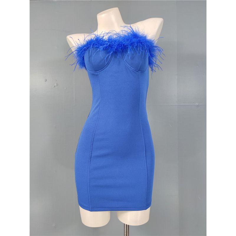 Export Single Fashion Slim Fit Slimming Sheath Commuting Style Dress Feather Patchwork Design Dress Tube Top Short Skirt Chest Pad