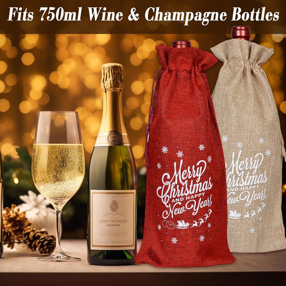 3/6pcs Christmas Wine Bottle Gift Bags Cover with Drawstring Burlap Linen Wine Gift Bags for Xmas Party Decorations