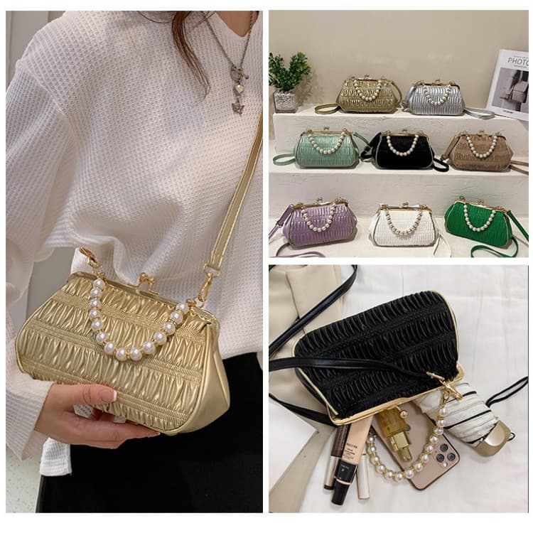 Folded mouth gold bag women's light luxury pearl handbag
