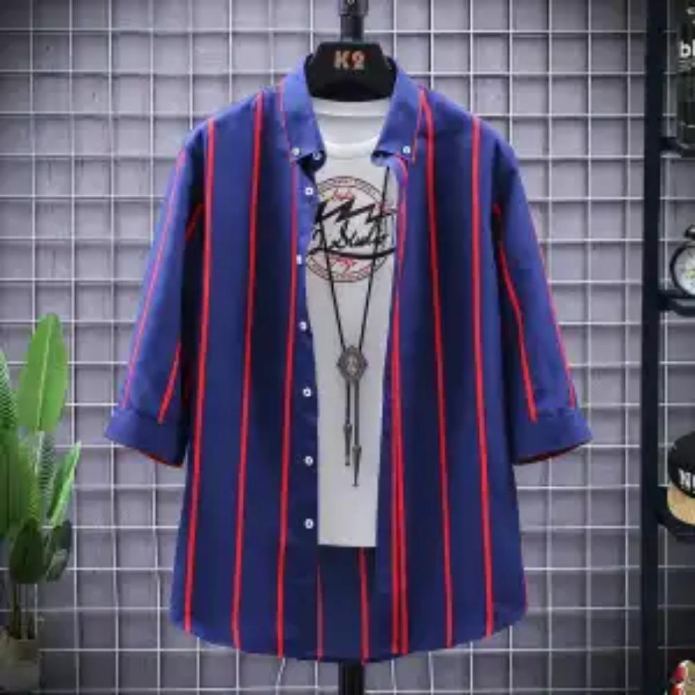 

Отложной воротник Офисные рубашки с рукавом три четверти В полоску На пуговицах Простота Свободный Повседневный стиль Мода Мужская одежда 2023 L красный