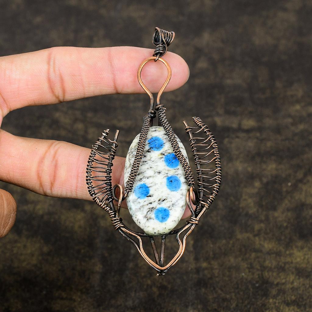 K2 Blue Azurite Handmade Copper Wire Wrap Jewelry Pendant 3.98" l5W67