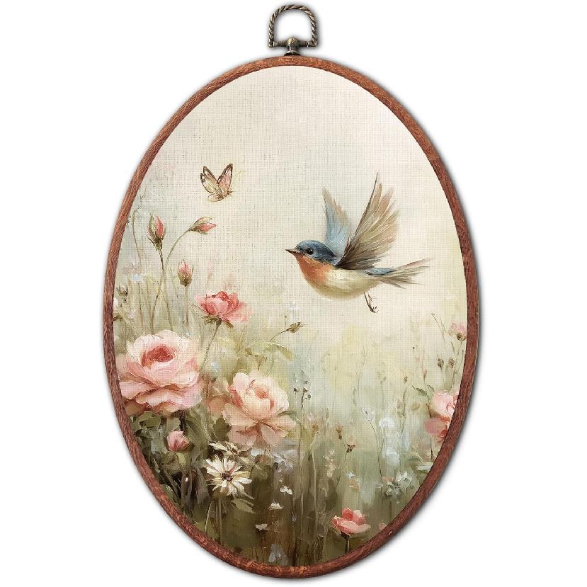 XSTWLJ Vintage Hummingbird Wall Art Decor, Floral Botanical Bird Canvas Art Framed, Elegant Cottagecore Oval Wall Hanging Decorations for Home
