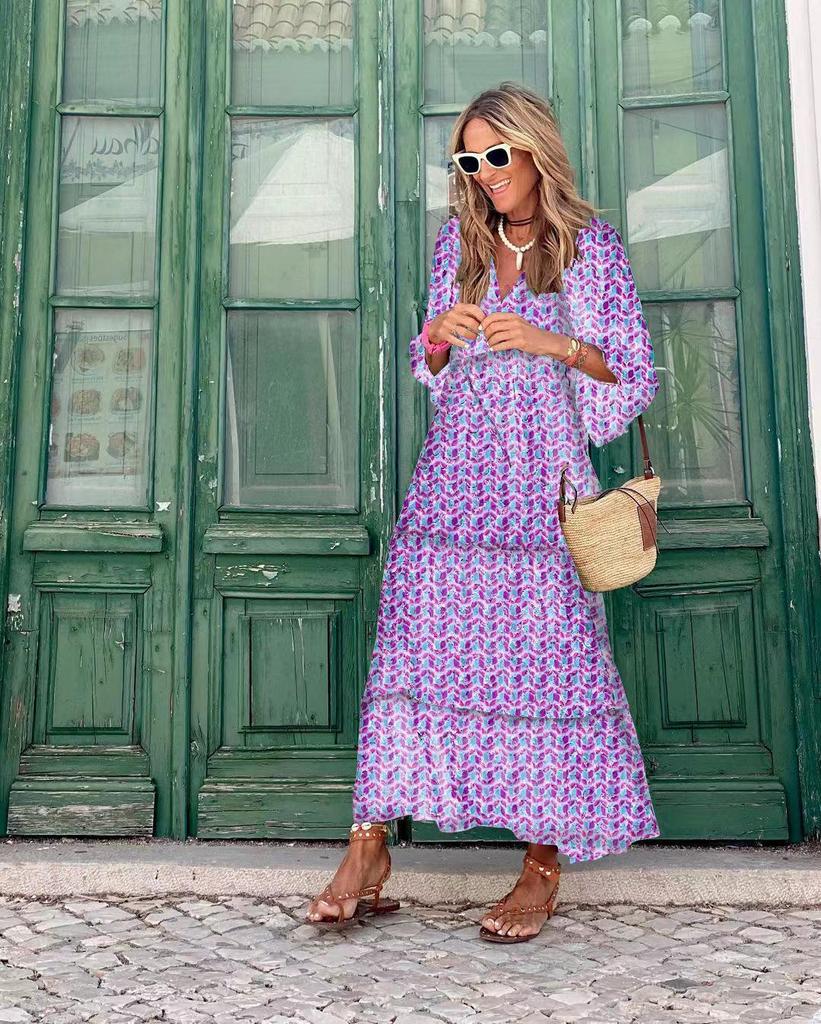 2022 Summer Trendy Geometric Puff Sleeve Dress, Plus Size Women's Fashion.