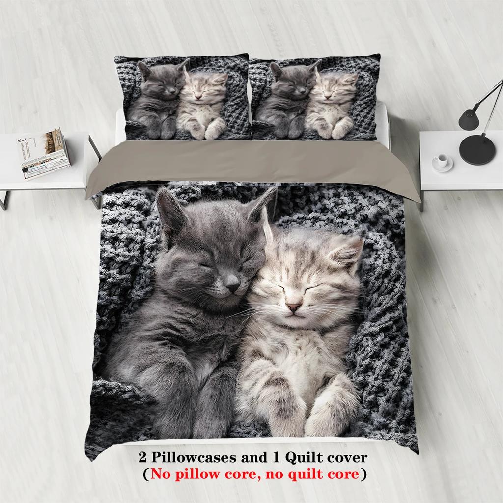 3pcs Couple Style Cute Cat Print 1quilt Cover + 2 Pillowcases, Skin-friendly, Warm, Breathable and Machine Washable, Bedding Set