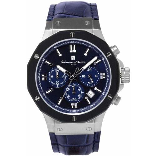 Salvatore Marra Men's Chronograph Watch, 10 ATM Water Resistant, Leather Strap, Business Style, 20th Anniversary Limited Edition, Blue/Navy, SM18117-S
