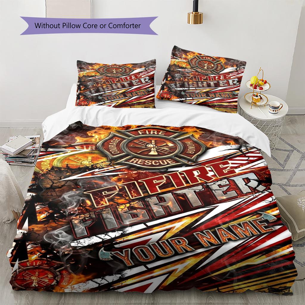 Name Custom Firefighter Pattern Bedding Set Quilt Cover Pillowcase Home Decor Gift (1 * duvet cover + 2 * pillowcase, without core)