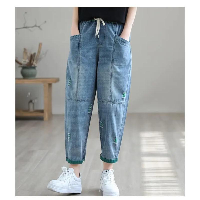 Nine Point Ripped Jeans Women Summer Loose Thin Elastic Waist Casual Harem Pants Denim Ankle Length Pant