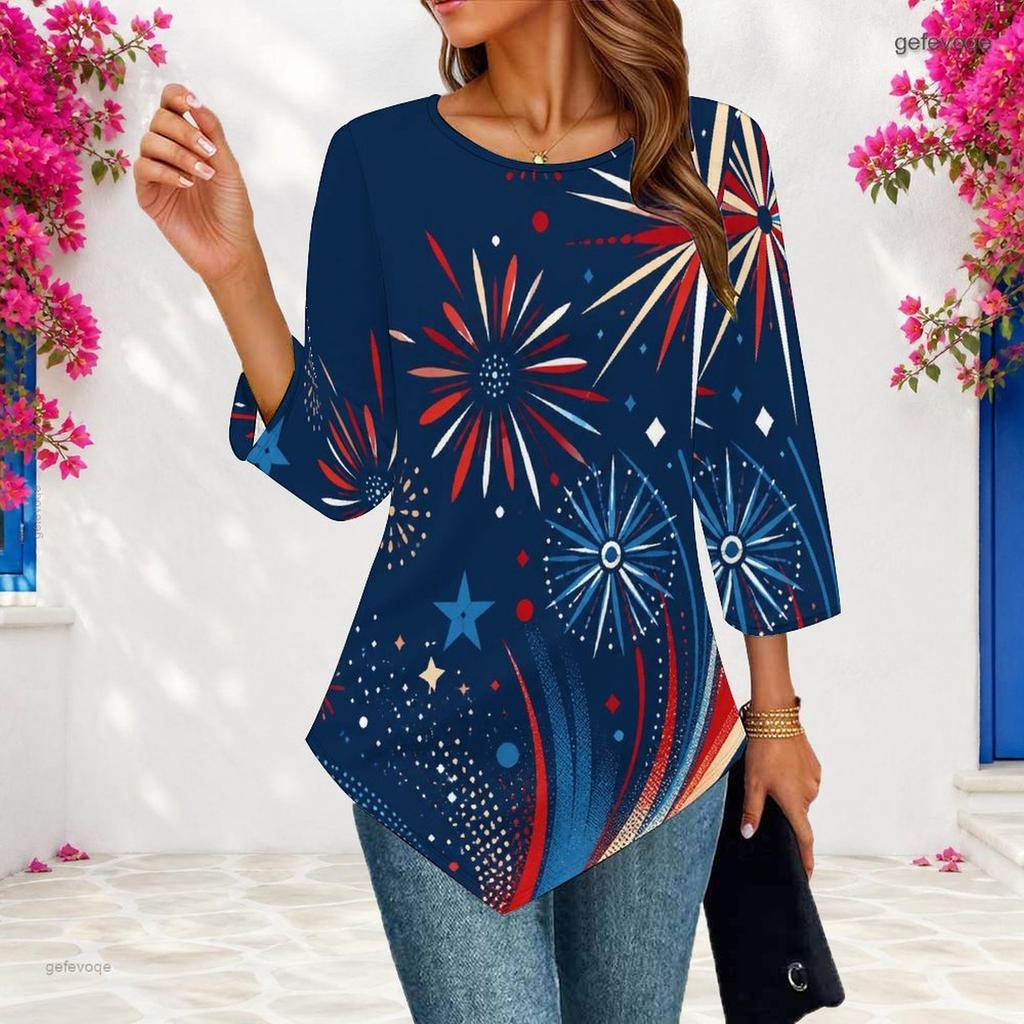 Womens Plus Size Loose Three Quarter Sleeve Blouse Pointed Hem Stylish Casual Top For Ladies Daily Outfit