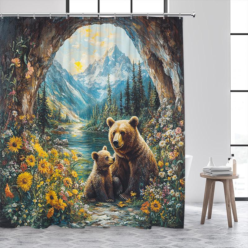 Wild Brown Bear Shower Curtains Nature Cave Animals Mountain Lakes Plants Flowers Bath Curtain Home Bathroom Decor with Hooks