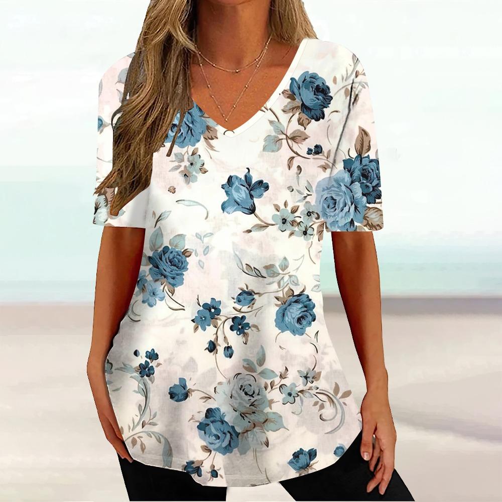 Floral Ladies V-Neck T-Shirt Summer Outdoor Fashion Short Sleeve Top 3D Printing OverSize Ladies Clothing Casual T-Shirt