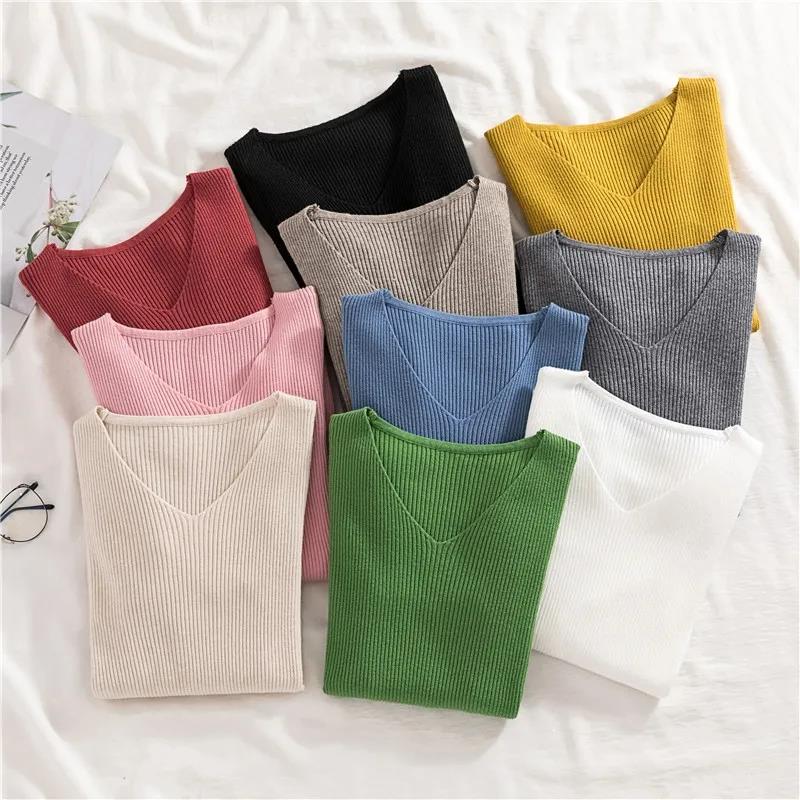 Dámský podzimní a zimní svetr s výstřihem do V, elastický, slim, všestranný, velká velikost, pletený pulovr s dlouhým rukávem, základní svetry