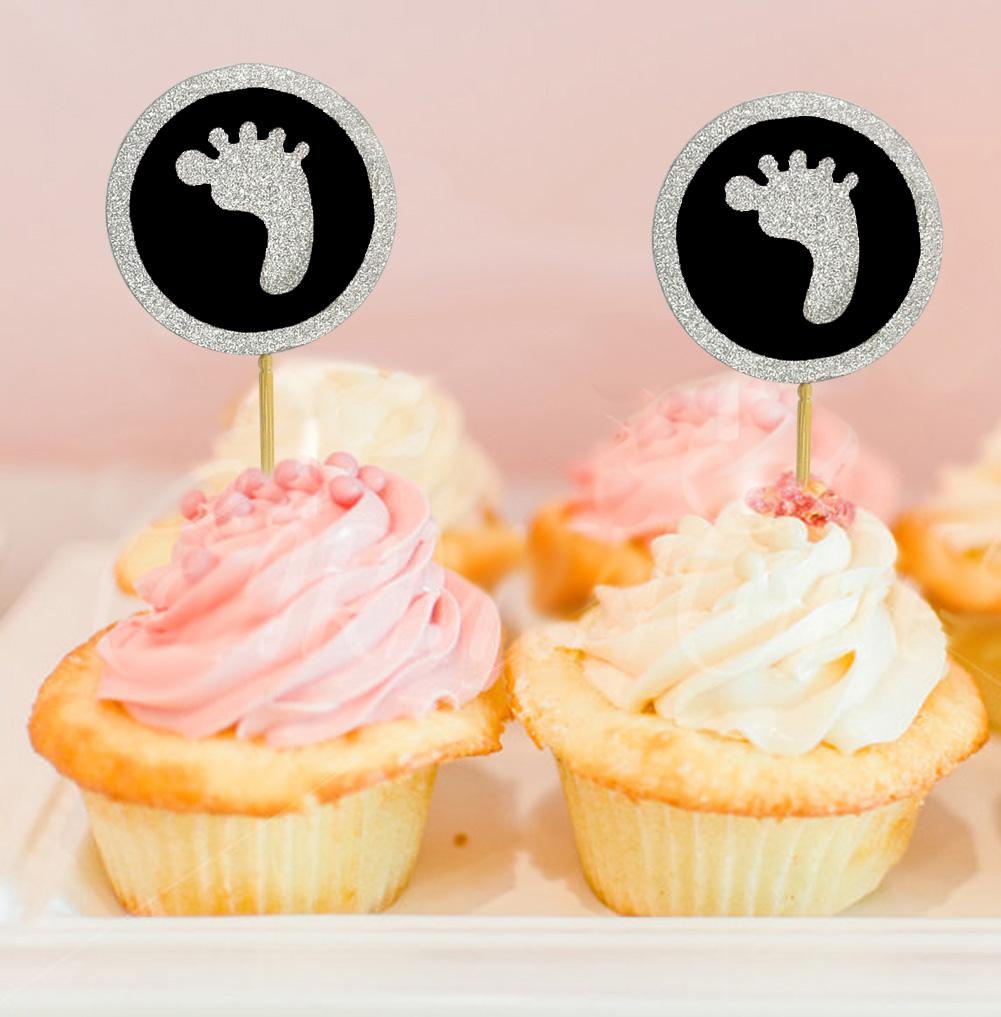 Darling Souvenir| Glitter Baby Foot Baby Shower Cupcake Toppers| Dessert Decorations - Pack Of