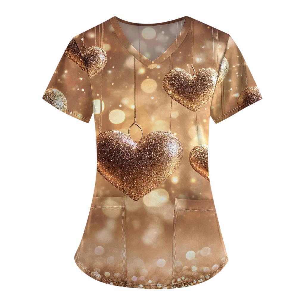 Damenmode V-Ausschnitt Kurzarm Overalls mit Tasche Valentinstag Bedruckte Oberteile Kleidung