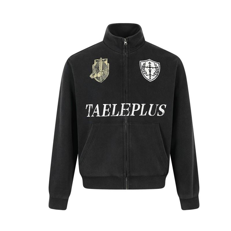Mens 2026 American Vintage Wash Badge Print Stand Collar Zip Up Sweatshirt Jacket Casual Outerwear