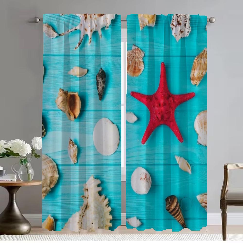Blackout Kitchen Curtains for Bedroom Beach Scenery Seashells Starfish Living Room Curtain Halloween Decoration Shades Partition