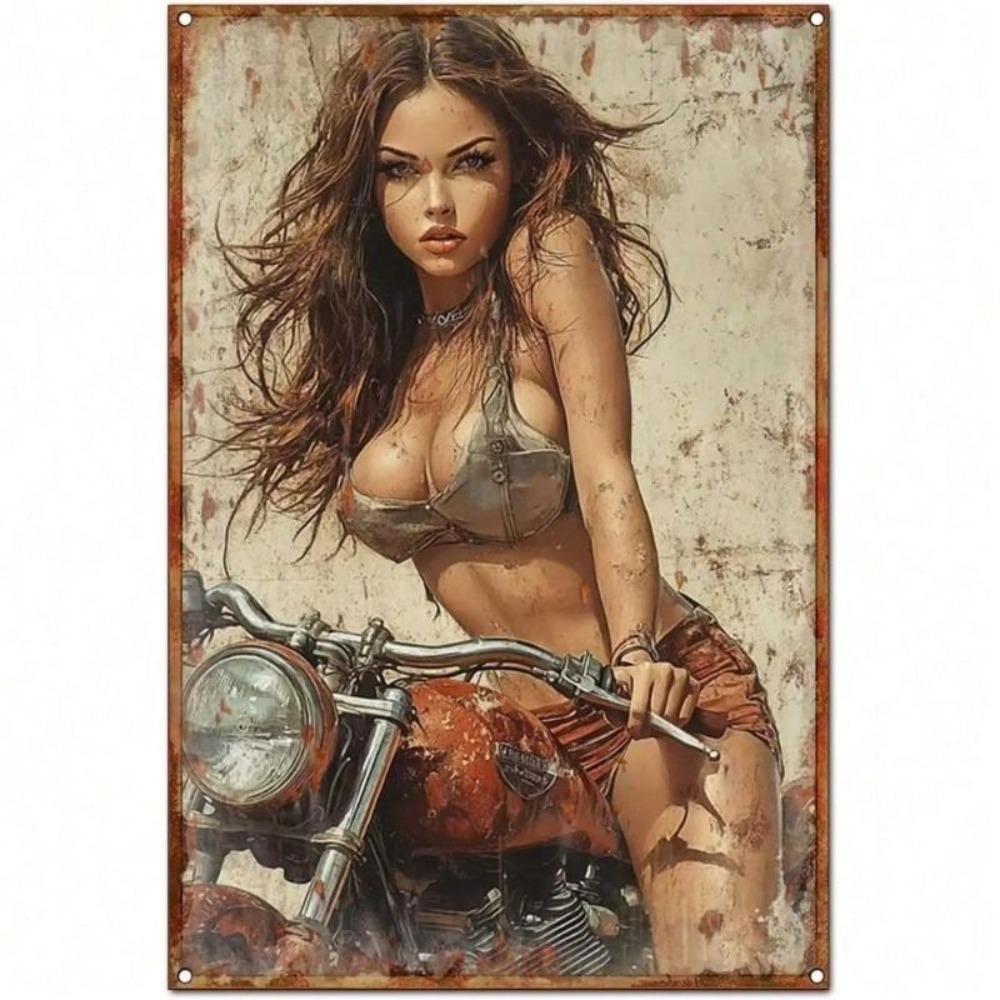 Vintage Metal Poster Girl Motorcycle Wall Art Decor Gift