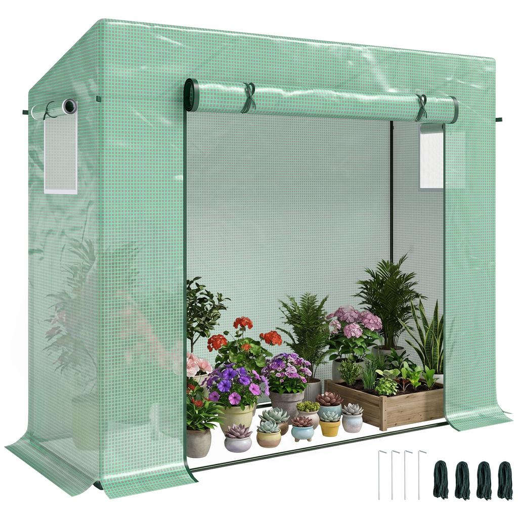 Small Walk-in Garden Greenhouse with Steel Frame, Large Roll-up Door and Windows, 200Lx76Wx168Hcm, Green