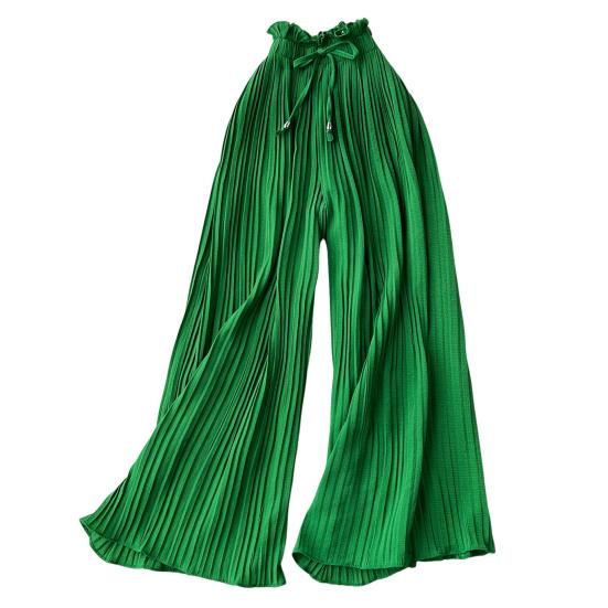 Women Pants Elastic Adjustable Drawstring Leg Trousers Pleated Style Wide High Waist Solid Color Casual Pants