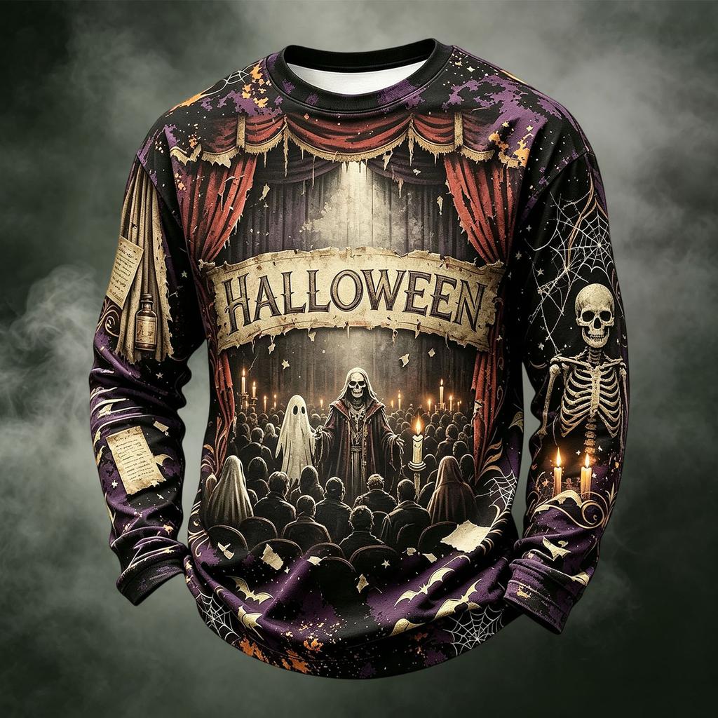 Men's Casual Knit Long Sleeve Neck T-Shirt with Halloween Print