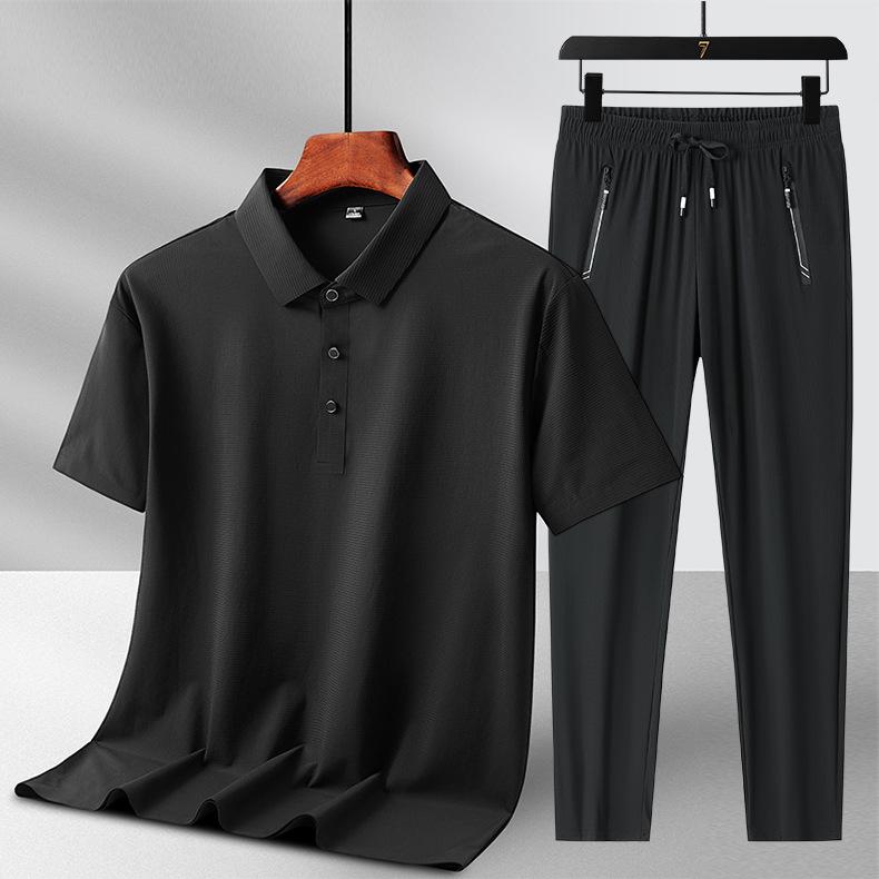 Men's Summer Ice Silk Two-Piece Set: Short Sleeve Top & Long Pants - Casual Sportswear for Father's Day Gift