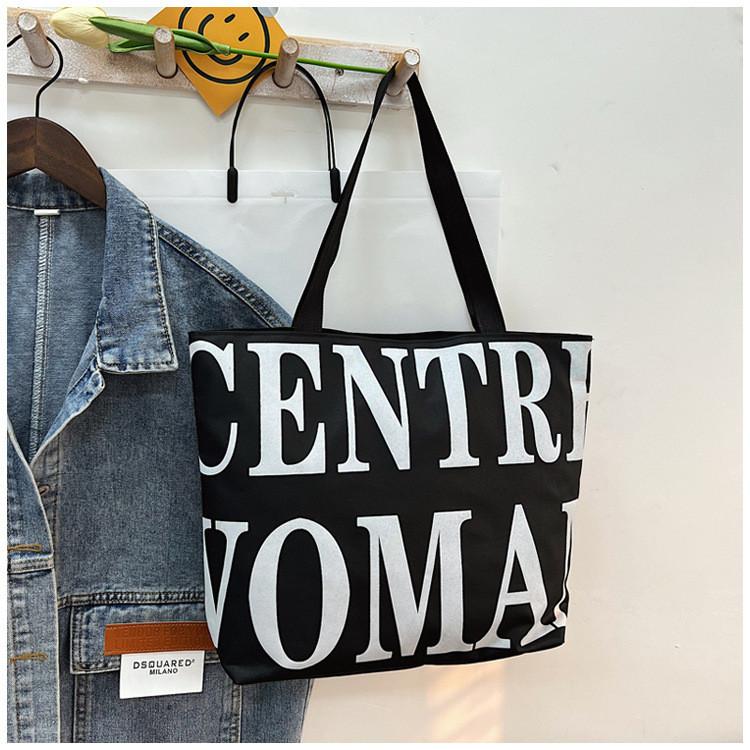 Borsa Tote in Tela da Donna con Tasca con Cerniera Urbana Casual Elegante Stampa Lettere