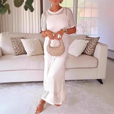 White Lace Knit Long Sleeveless Maxi Dress, Elegant Hollow Out Design, Boho Chic Summer Dress