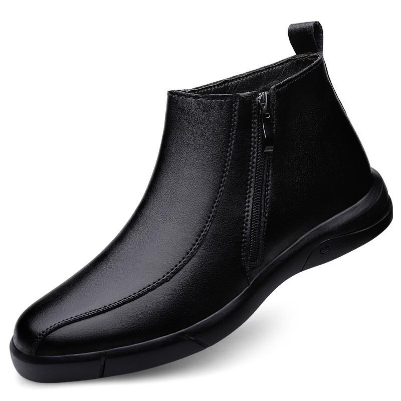 Mens Casual Leather Ankle Boots With Fleece Lining Warm Winter Side-Zip Pull-On Daily Wear