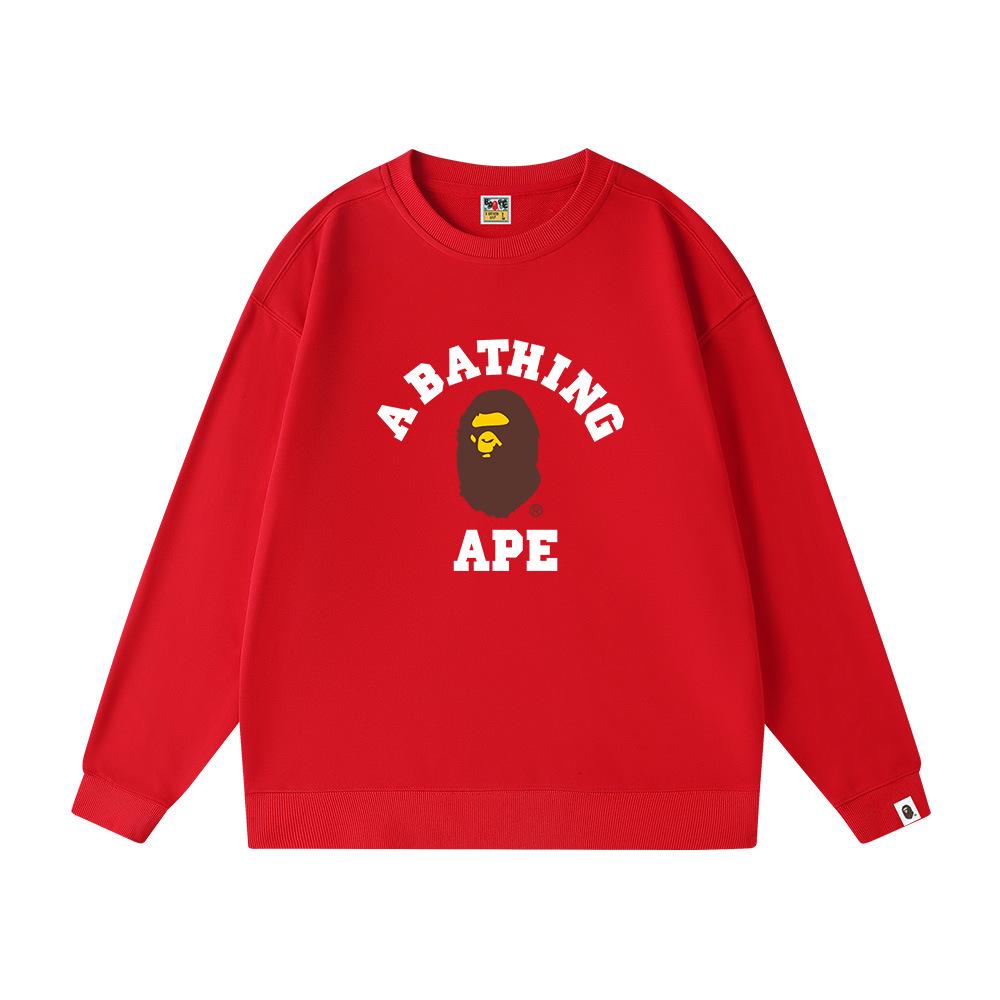 BAPE Spring/Autumn Pure Cotton Terry Men's Sweatshirt - Round Neck, Letter Print, Loose Fit, Unisex, Trendy Monkey Head Design