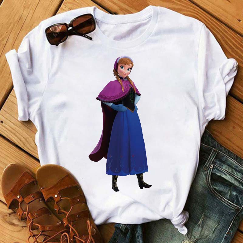 Kawaii Disney Princess Frozen Elsa Anna Print Women Tops Clothes Fashion T Shirt Cartoon Funny Female T-Shirts Children Clothing