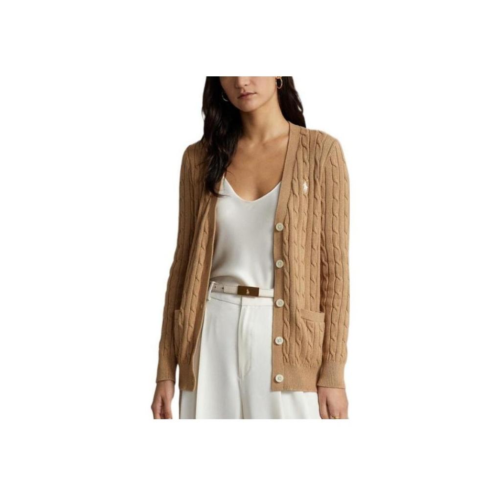 Polo Ralph Lauren FW22 Solid Color V-Neck Cable Knit Sweater Women sweater Brown WMPOSWENC020172-200