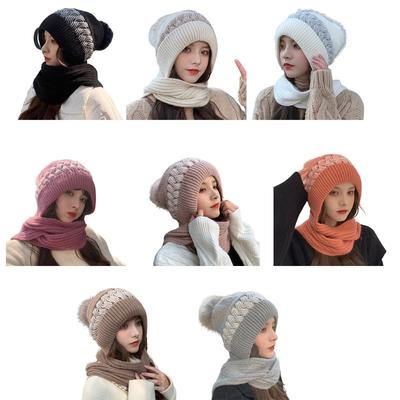 Korean Style Hat Scarf Set Women Winter Warm Cycling Ear for Protection Windproof Knitted Wool Pullover Cap Scarf for Wo