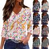 Women's Fashionable Casual Retro Printed V-neck Three-quarter Sleeve Top with Slit Hem