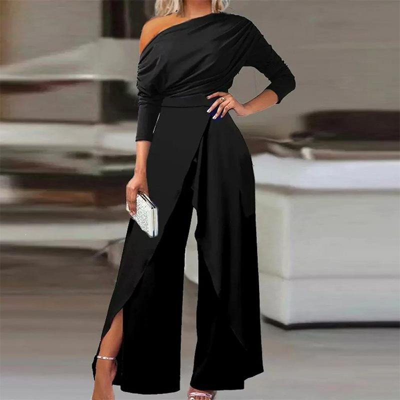 New Spring Women's Clothing, European and American Jumpsuits, Commuting High Waist Solid Color Wide Leg Jumpsuit