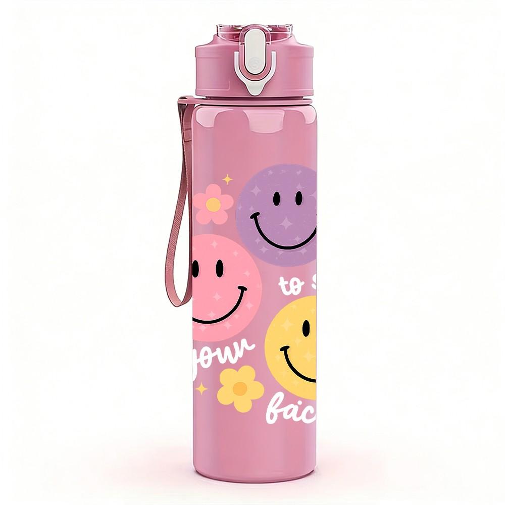 1PC Colorful Smiley Face Trio 750ml Color Plastic Sports Water Bottle Leakproof Flip Straw Lid Suitable for Sports Office Home Use