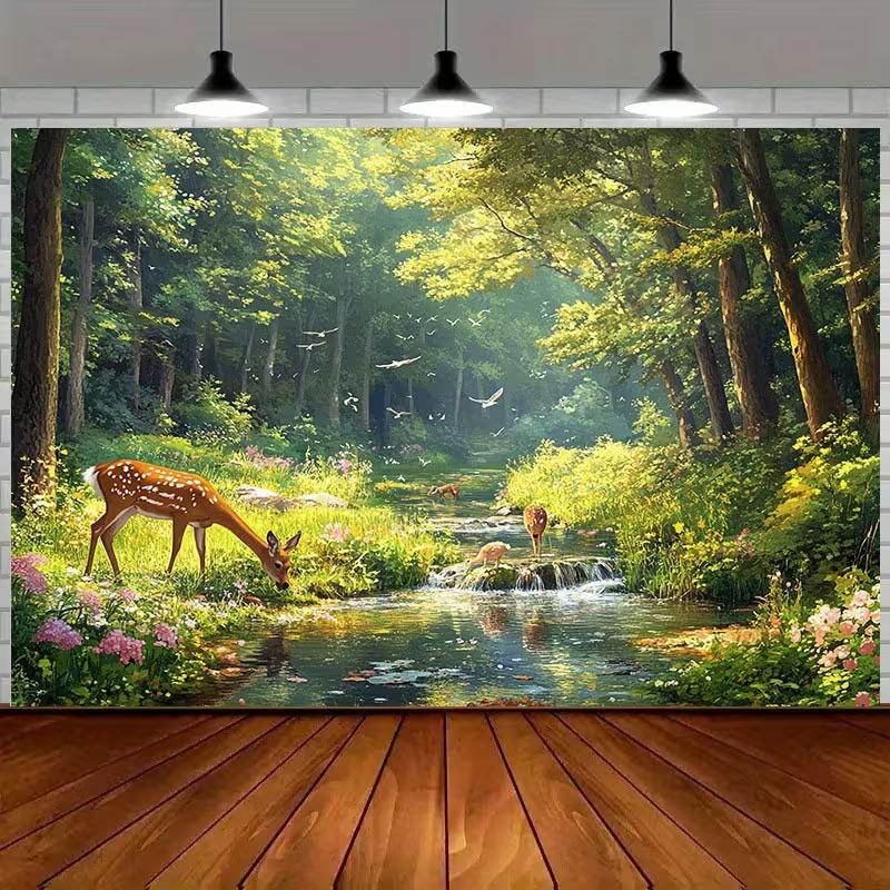 Tapiz de Fondo de Ciervo en Bosque Encantado 2D - Paisaje Natural con Ciervos Sika para Decoración Estética de Habitación