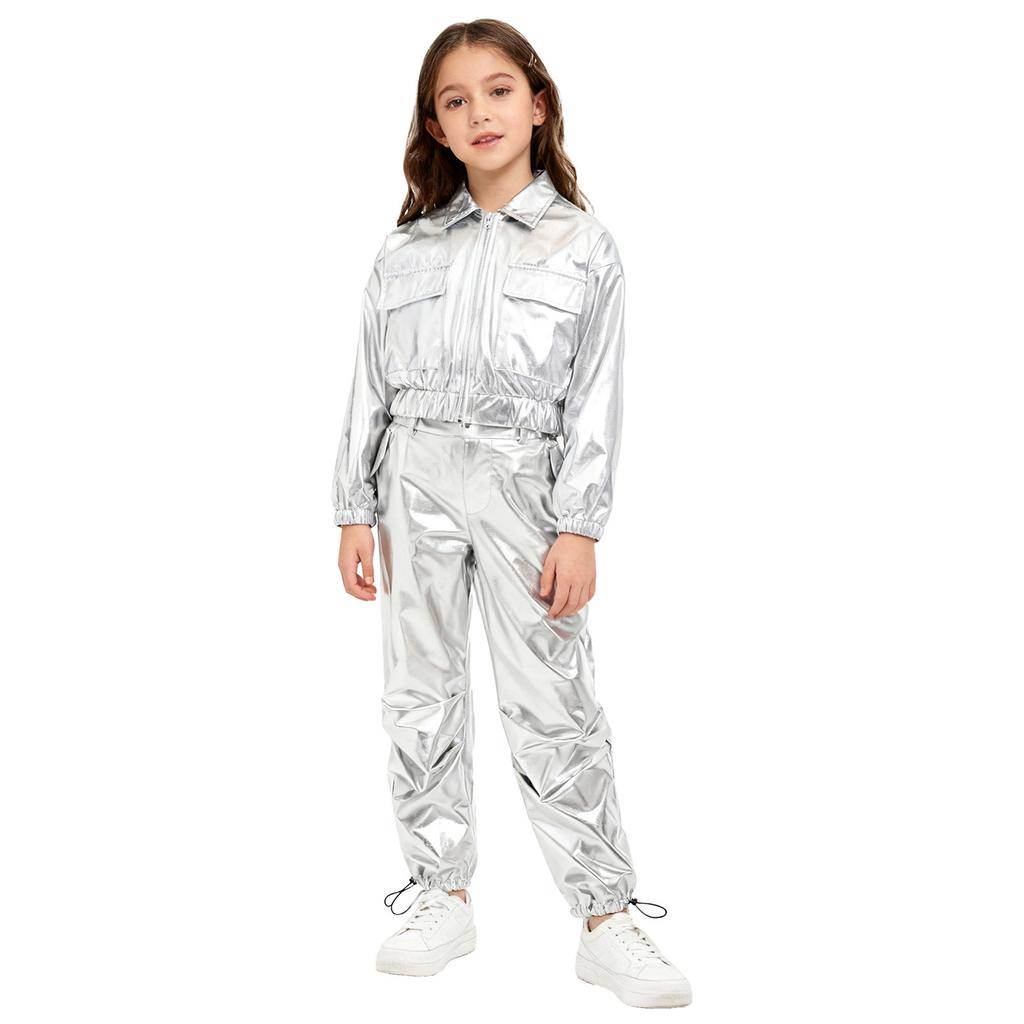 Unisex Kids Shiny Metallic Jacket Drawstring Cargo Pants Hip Hop Jazz Dance Costume Set