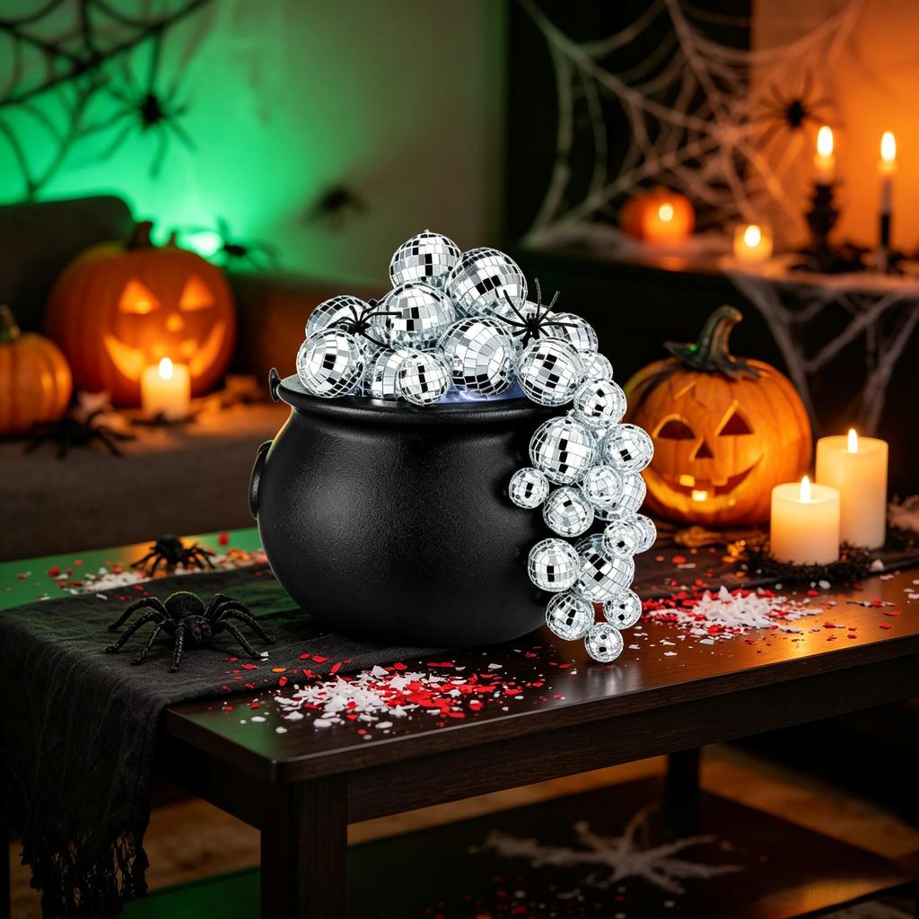 96 Pcs Halloween Disco Ball Witch Cauldron Kit With LED Lights Fake Cobwebs Spiders For Home Party Decorations Plastic Black