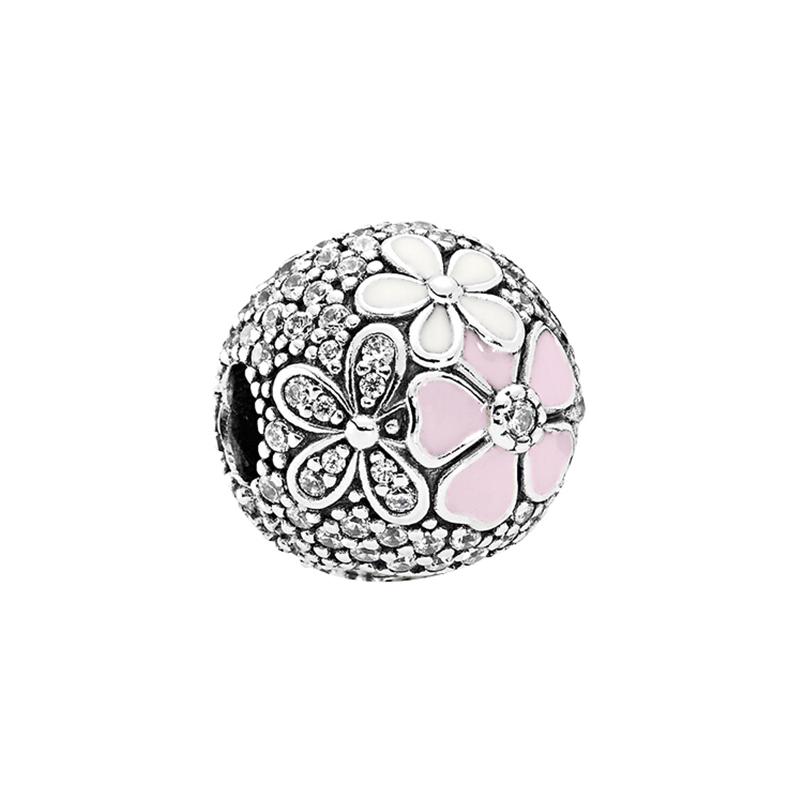 Pandora Poetry Flower Blooming Enamel Charm 925 Silver Necklace Women's Pink 792084CZ