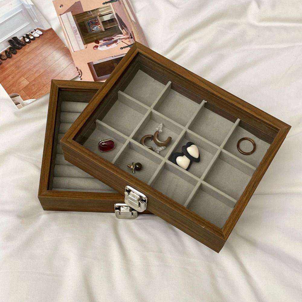 Glass Lid Jewelry Organizer Square Jewelry Display Tray Ring Case Wooden Jewelry Box  Women Gift