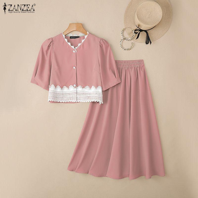 ZANZEA Damen Kurzarmbluse und Lange Röcke Sommer Zweiteilige Anzugsets
