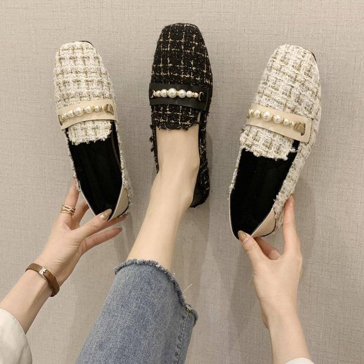 Women's Spring and Summer Square-headed Flat Shoes Korean Version Versatile Beaded Decorative Shallow Flat Heel Cloth Shoes
